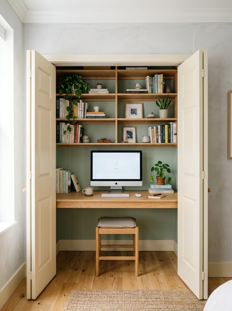Closet converted into a built-in home office desk