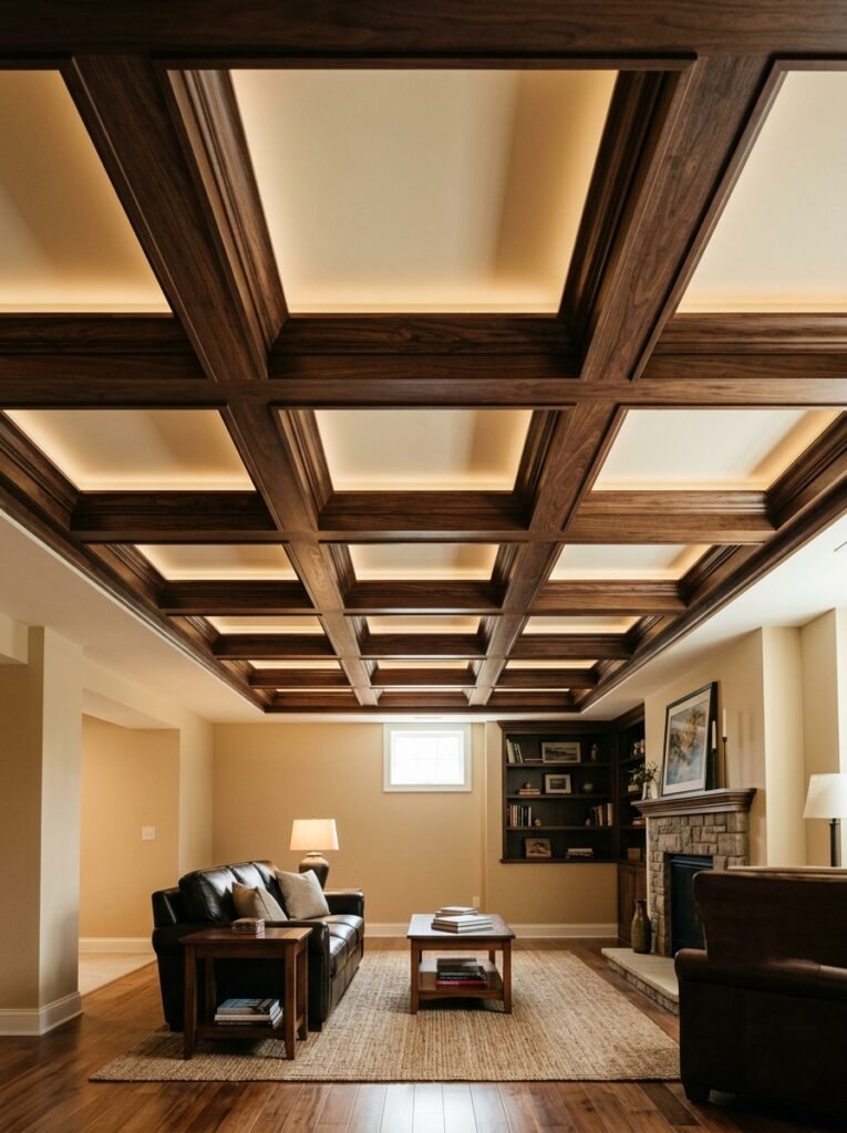 Coffered grid beam ceiling in a basement