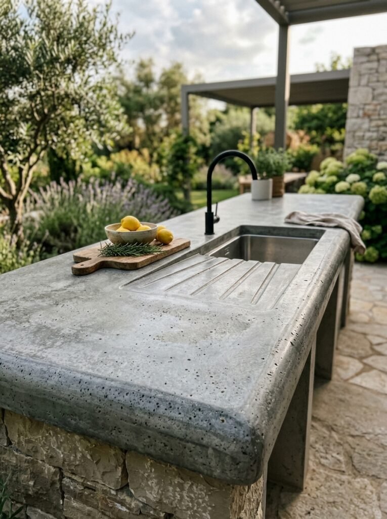 Poured concrete outdoor kitchen countertop