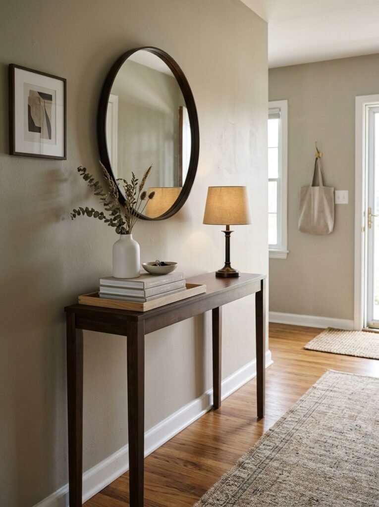 Slim shallow console table in a narrow entryway