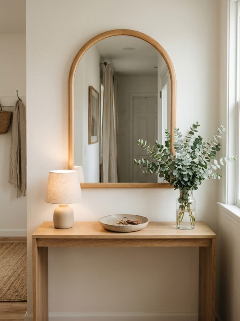 Arched mirror above a console styled with a lamp, a bowl and a vase of eucalyptus