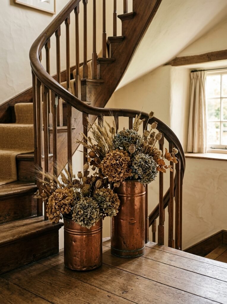 Copper pails of dried florals on a stair landing