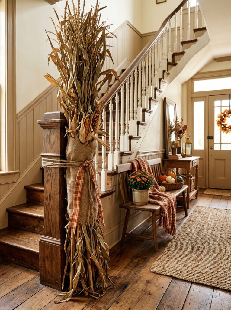 Burlap wrapped cornstalk bundle on a staircase post
