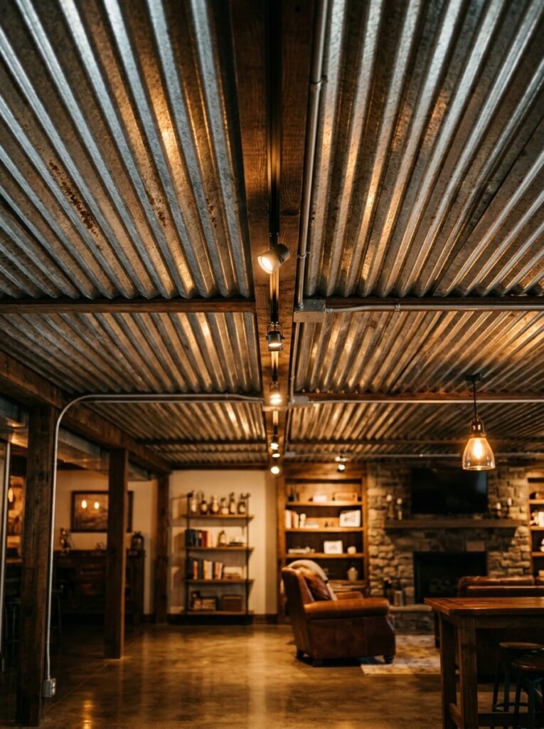 Corrugated metal panel basement ceiling