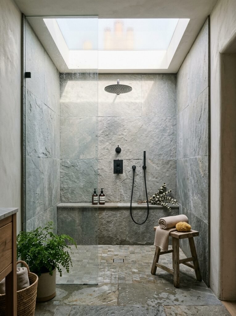 Skylight above a tiled shower bringing in daylight