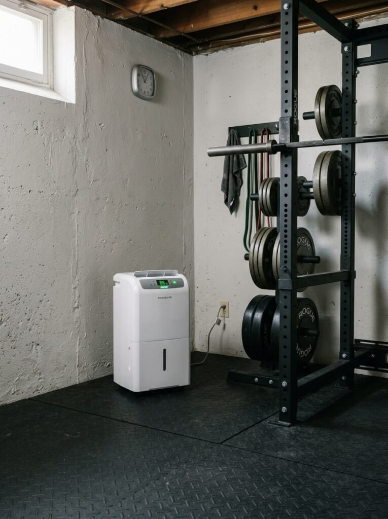 Dehumidifier in the corner of a basement gym