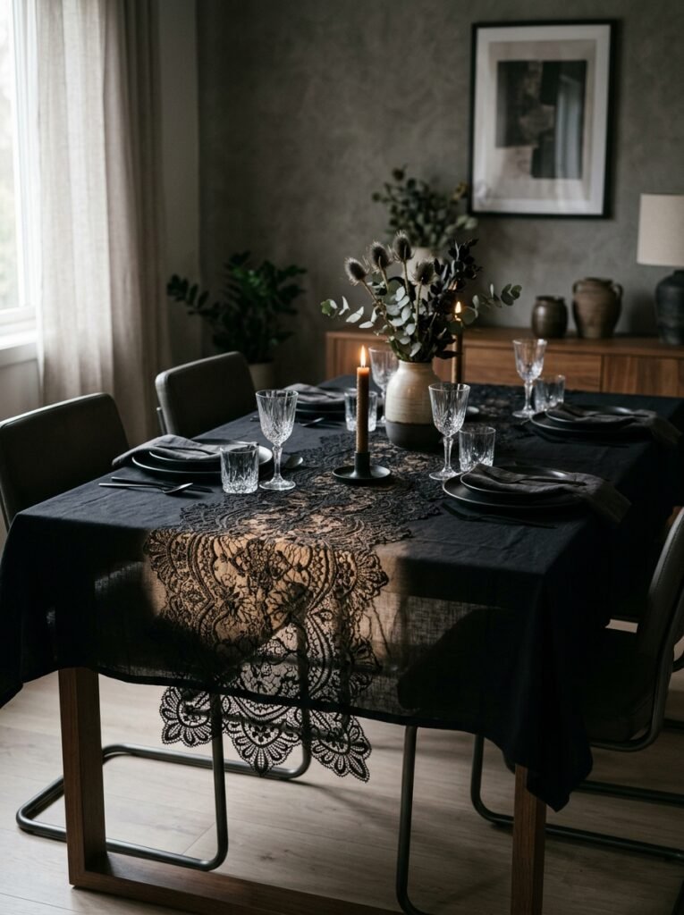 Black lace runner layered over solid black tablecloth.