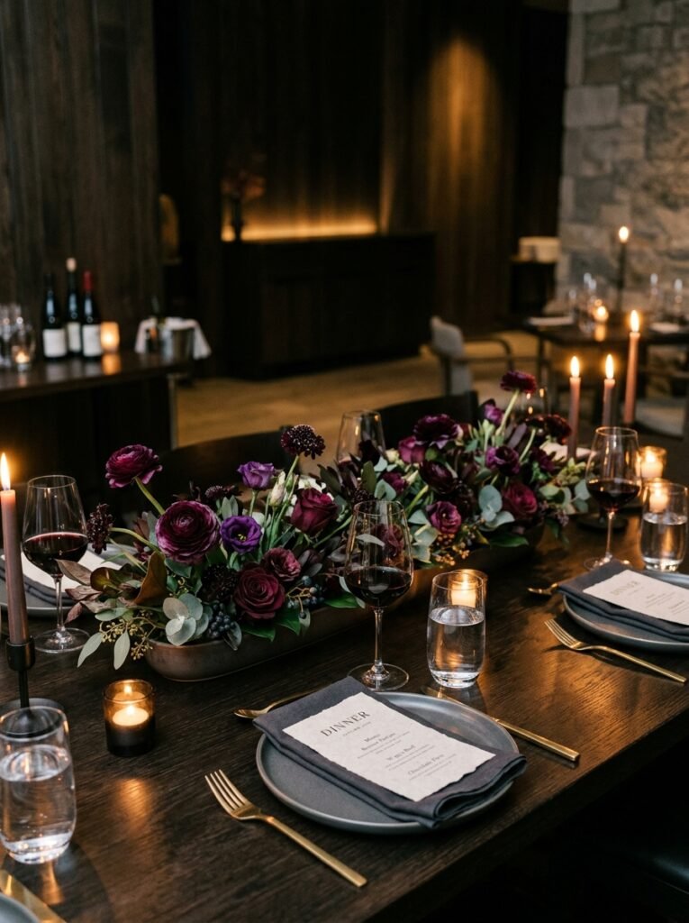 Low plum floral centerpiece on a modern dining table.