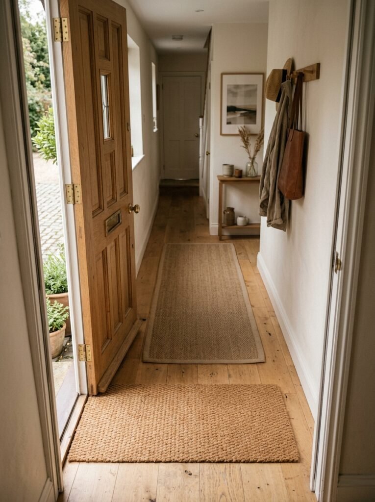 Low-profile coir doormat inside the front door of a narrow entryway