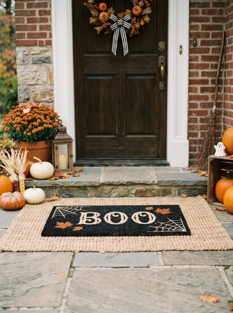 Black doormat layered over jute at a Halloween front door