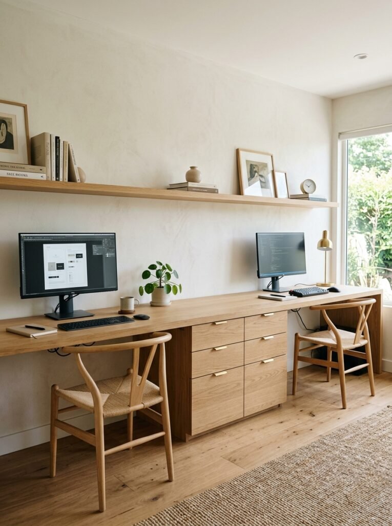 Built-in double desk with shared drawers in the middle