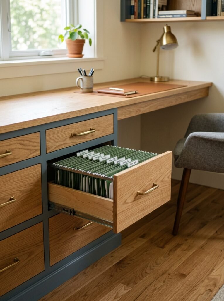 Drawer bank beneath a built-in desk top