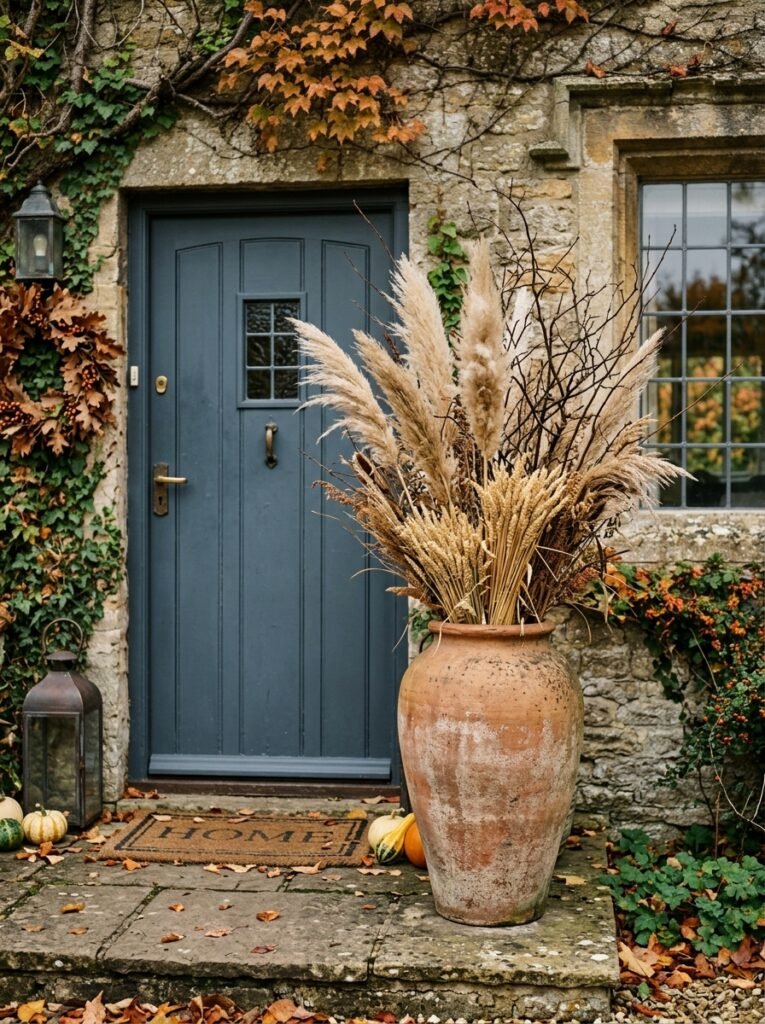 Dried branches and pampas in an urn on a Halloween porch