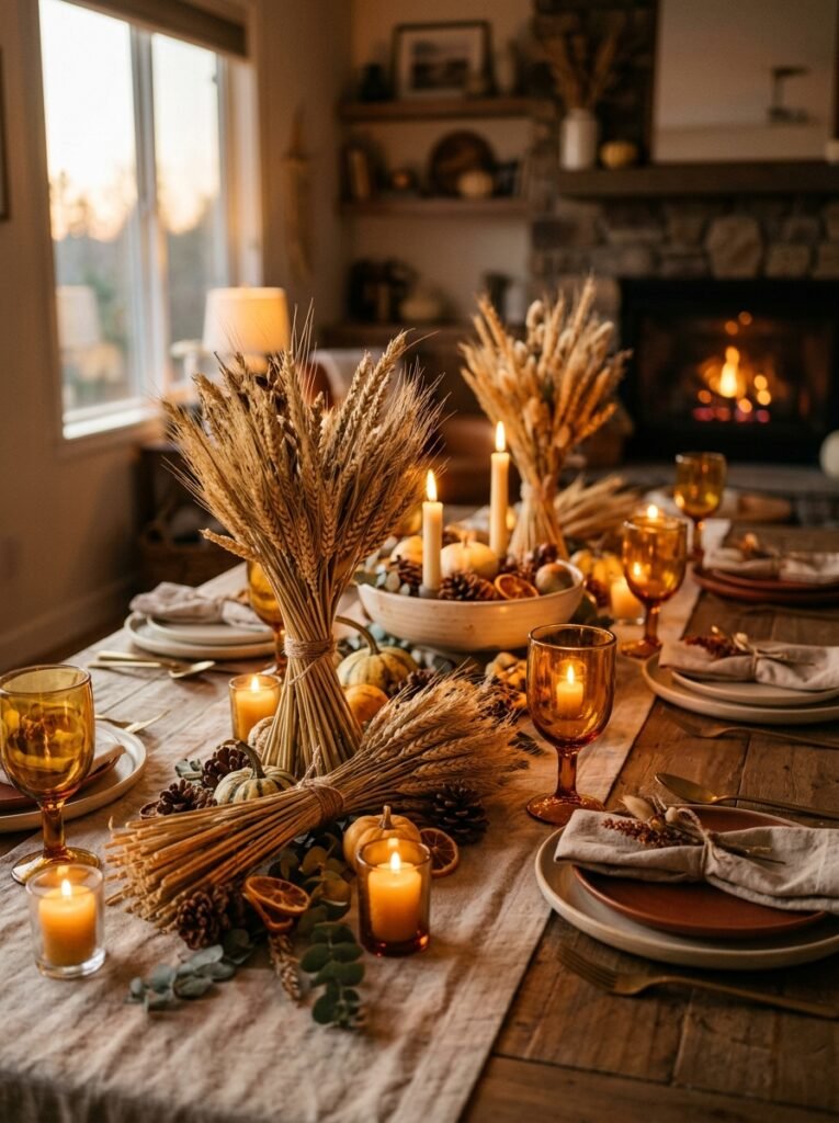 Dried wheat centerpiece with amber glass goblets