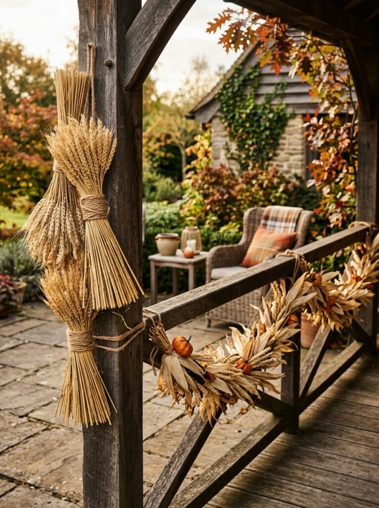 Wheat sheaves and corn husk garland on a patio railing