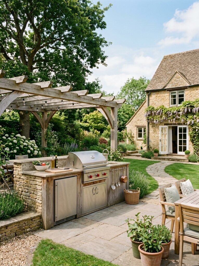 Outdoor kitchen set back from the house on a patio