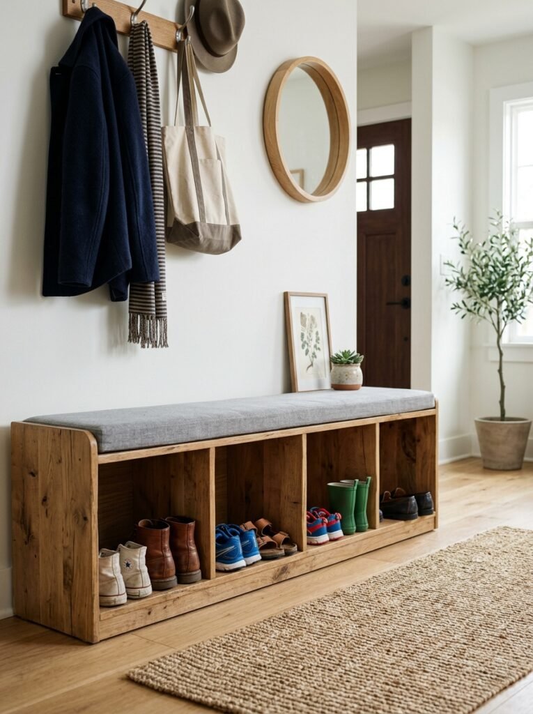 Entryway bench with open shoe cubbies beneath
