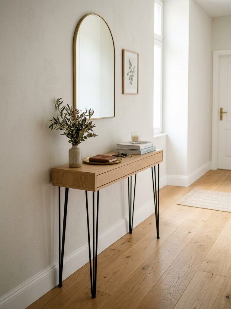 Entryway console on raised legs with visible floor beneath