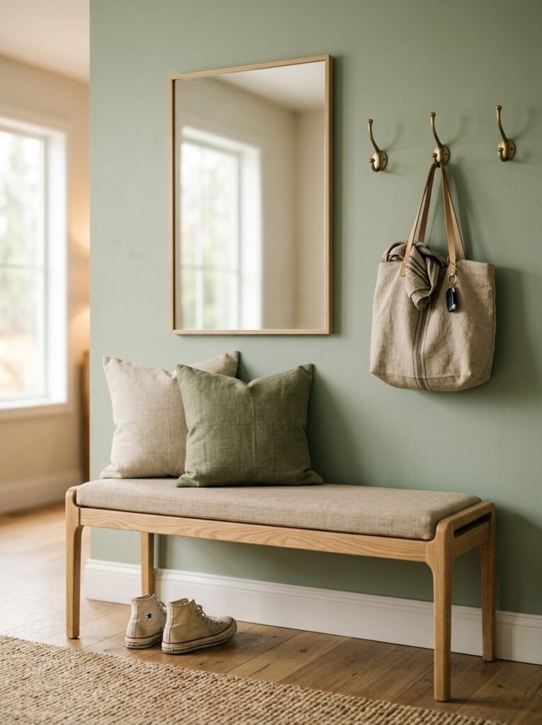 Wood-framed mirror hung above a cushioned bench in an entryway nook