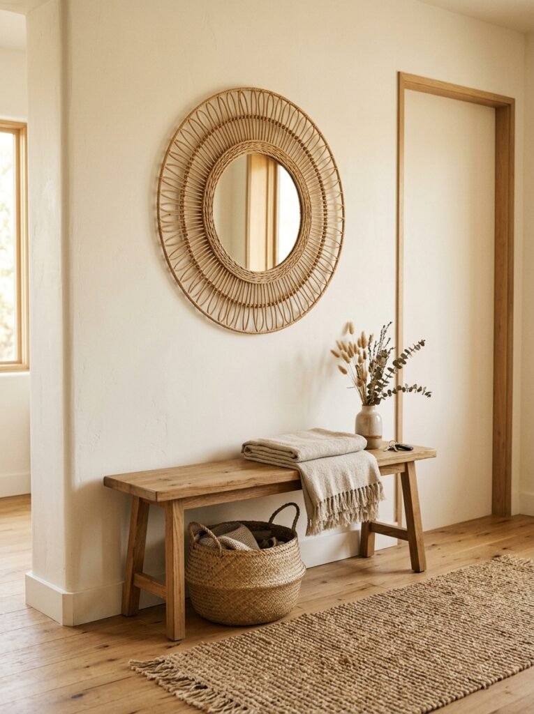 Round rattan sunburst mirror above a wooden entryway bench