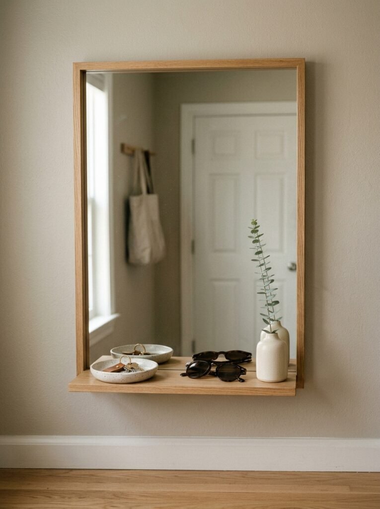 Entryway mirror with a built-in shelf holding keys, sunglasses and a bud vase