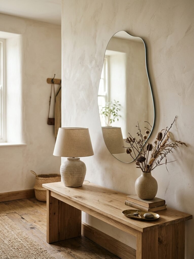 Organic wavy-shaped frameless mirror above an oak entryway console