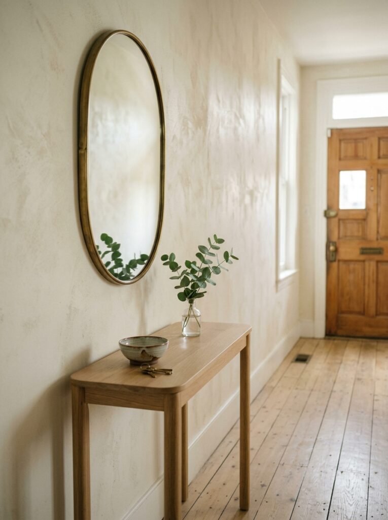 Narrow entryway with a rounded-corner console table, an oval mirror and a small vase of eucalyptus