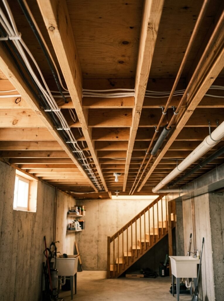 Clean natural wood exposed basement ceiling