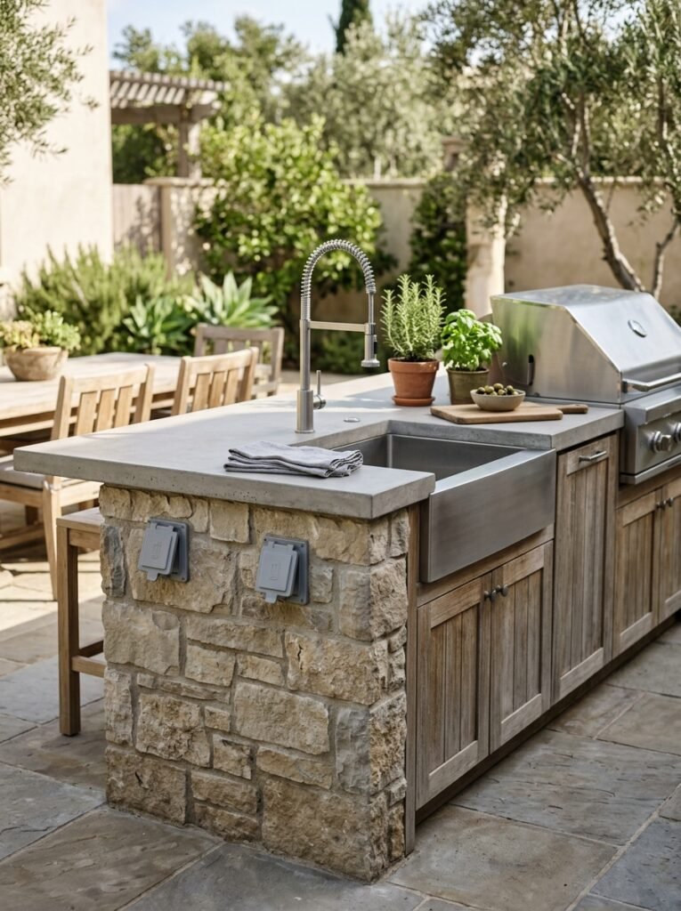 Outdoor kitchen with built-in sink and weatherproof outlets