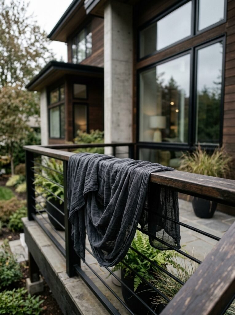 Charcoal cheesecloth draped across a Halloween porch railing