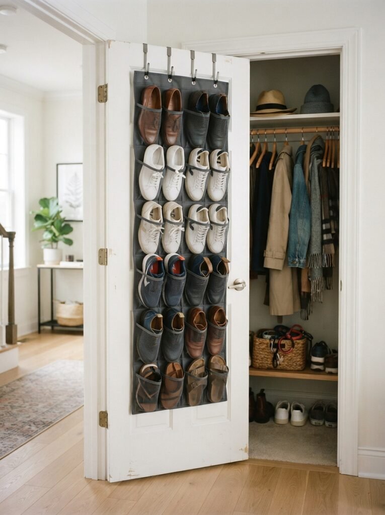 Over the door shoe organizer on a closet door