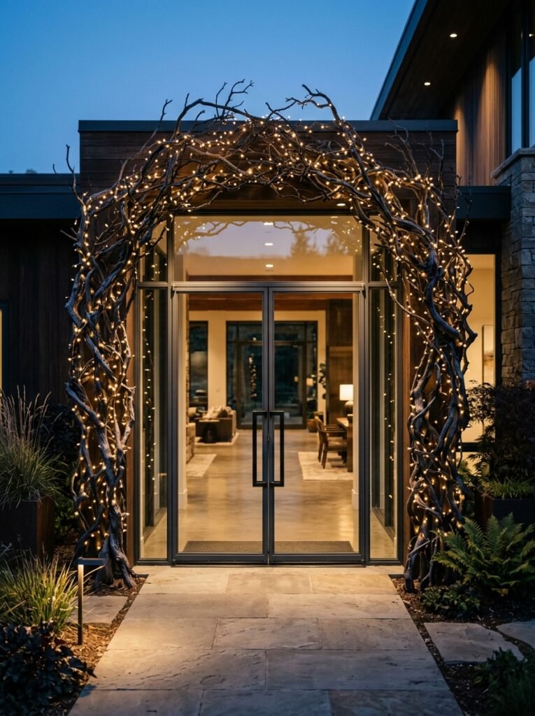 Twisted charcoal manzanita branch and fairy light garland framing a modern glass doorway.