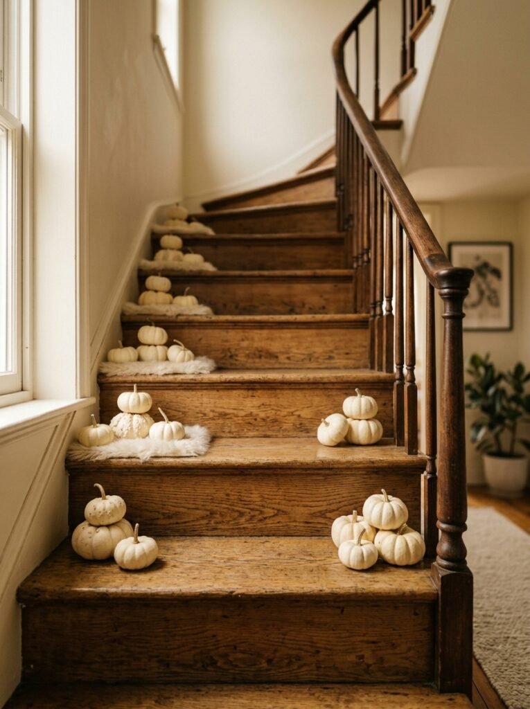 Faux fur step accents with mini white gourds