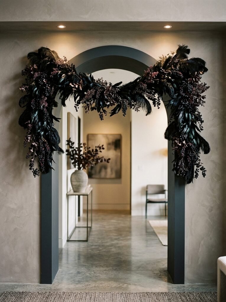 Black feather and dark berry garland swagged over a modern interior archway.