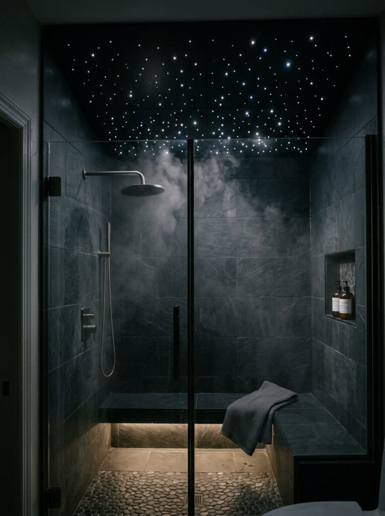Fiber optic star ceiling above a shower