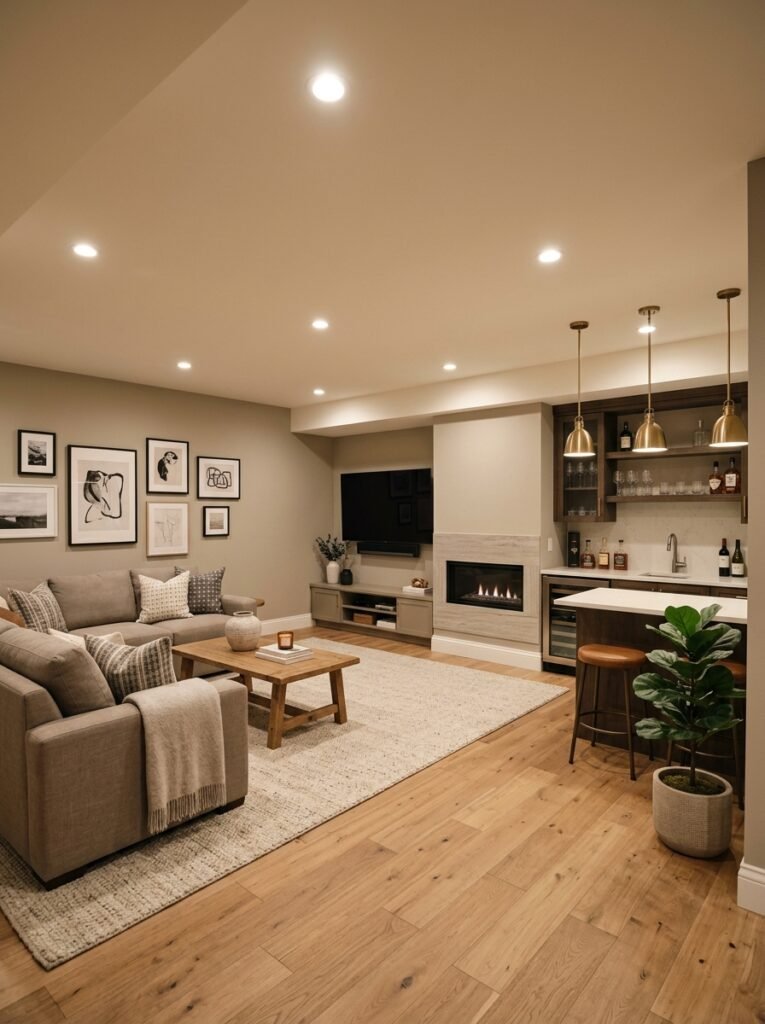 Finished basement with a smooth drywall ceiling