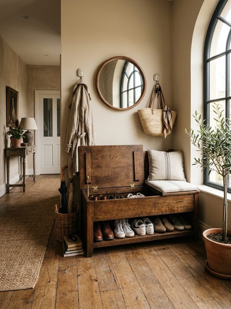 Flip top storage bench with shoes inside an entryway