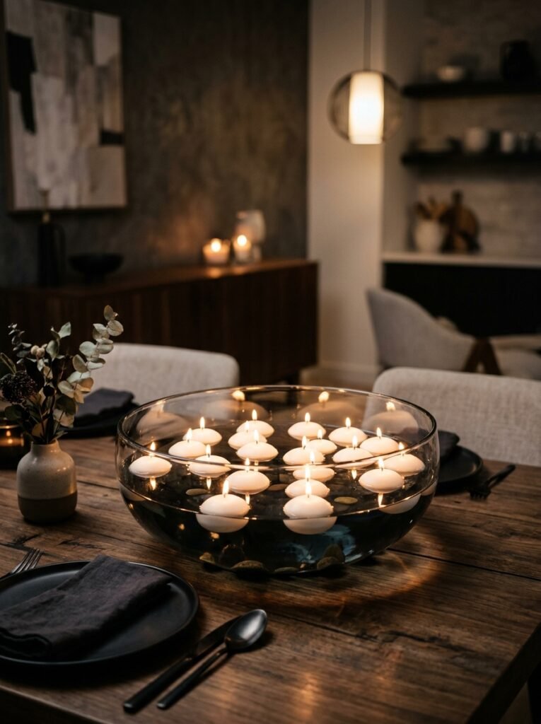 Floating candles on black water with cranberries
