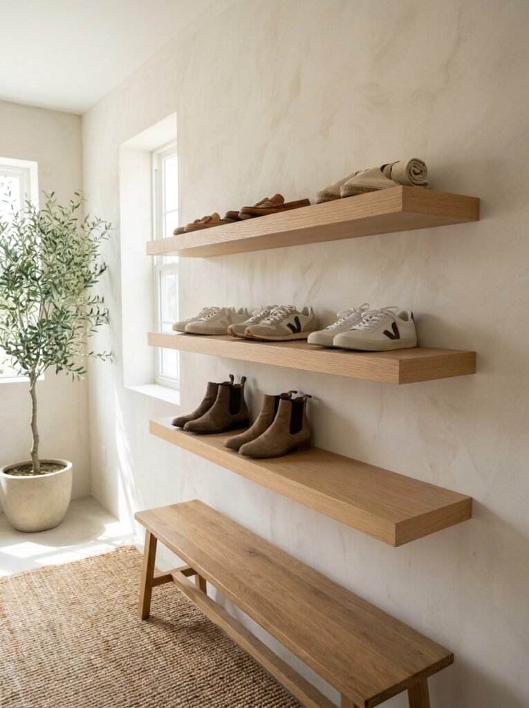 Floating wall shelves holding shoes in an entryway