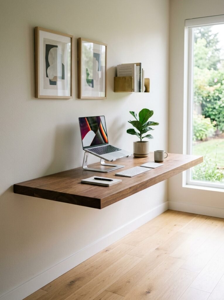 Floating desk with hidden brackets and clear floor
