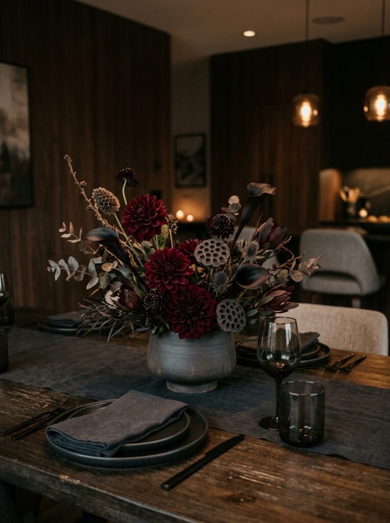 Dark floral arrangement with black calla lilies and dahlias.