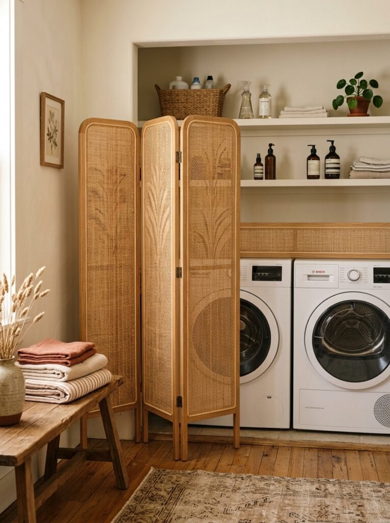Fabric skirt hiding laundry machines under a counter