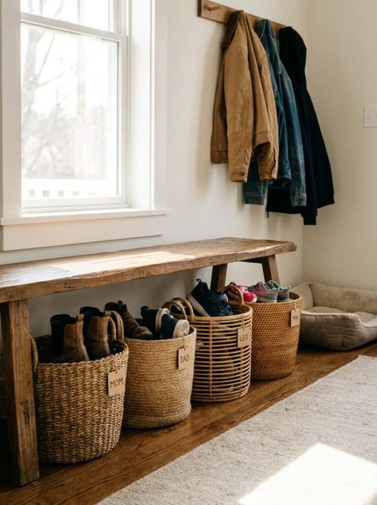 Woven baskets lined up under an entryway bench