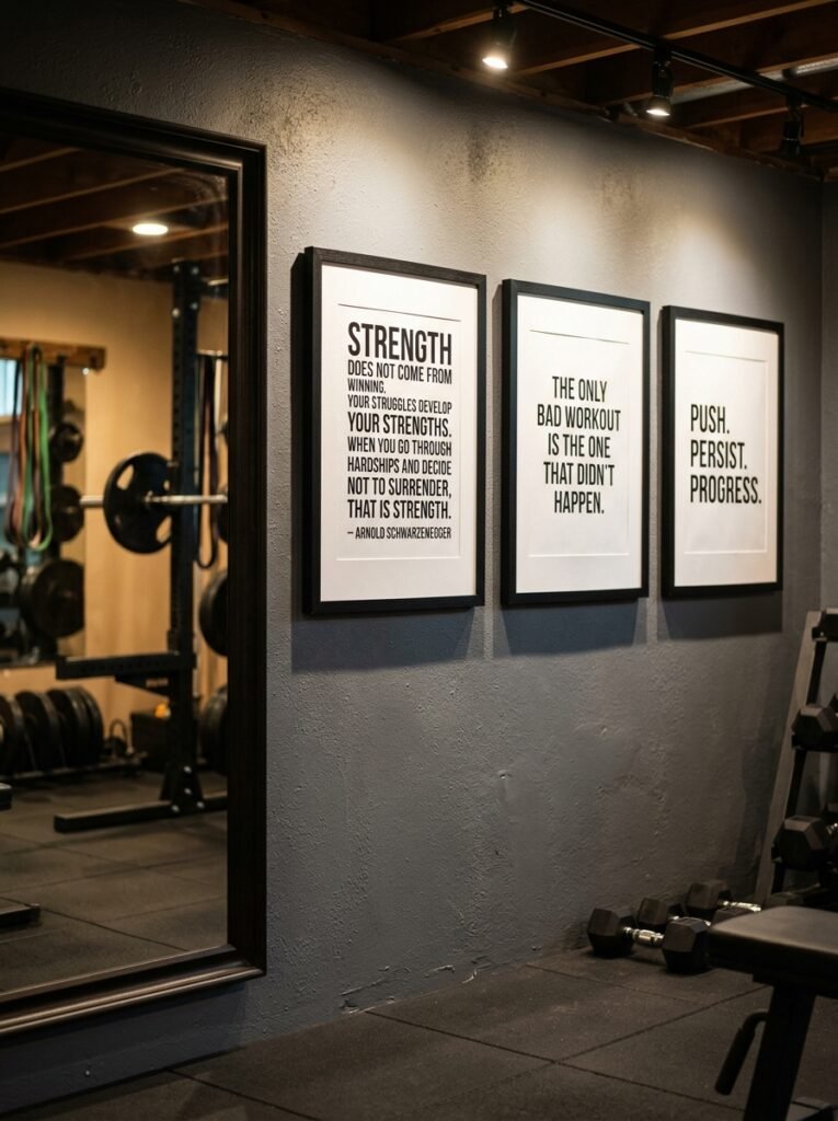 Framed black and white motivational quotes on a basement gym wall