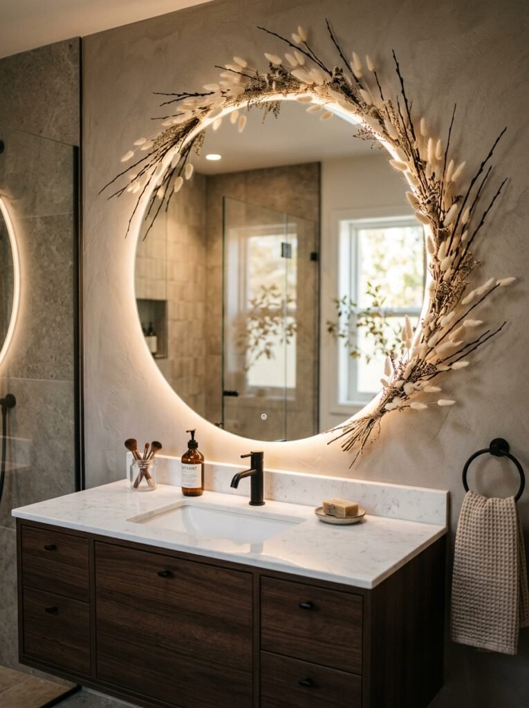 Bleached bunny tails and dark willow garland framing a modern bathroom vanity mirror.