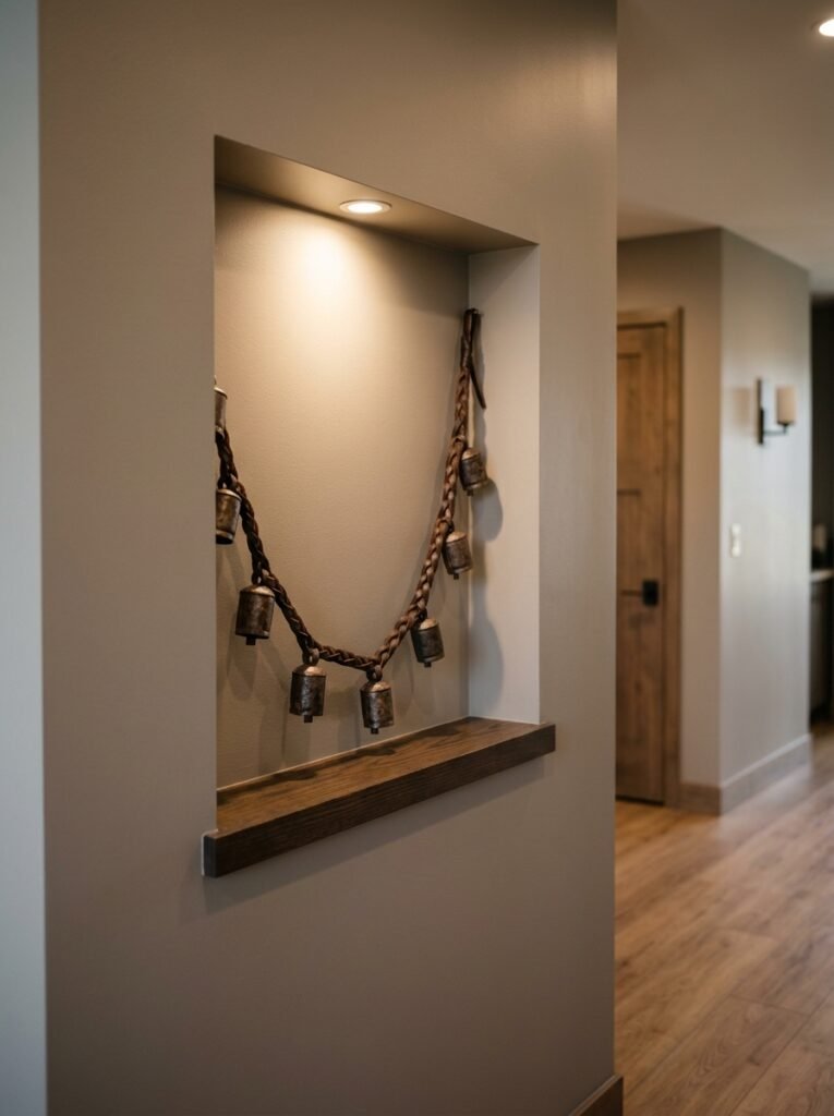 Plaited black leather ribbon and iron bell garland in a modern hallway wall niche.