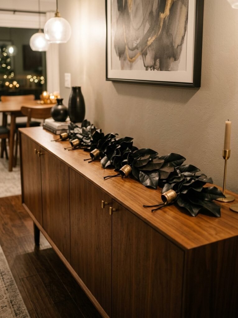Black magnolia leaf and brass bell garland along a modern dining room sideboard.
