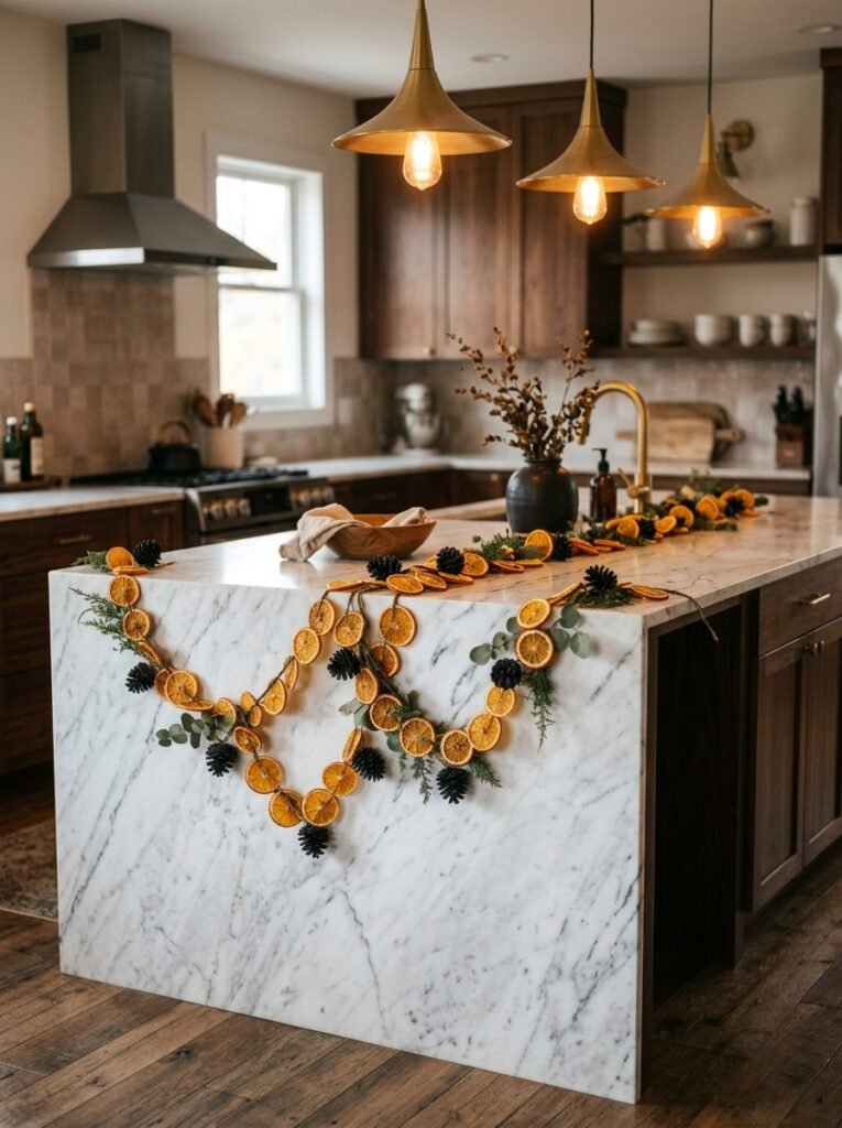 Dried orange slice and black pinecone garland across a modern kitchen island.