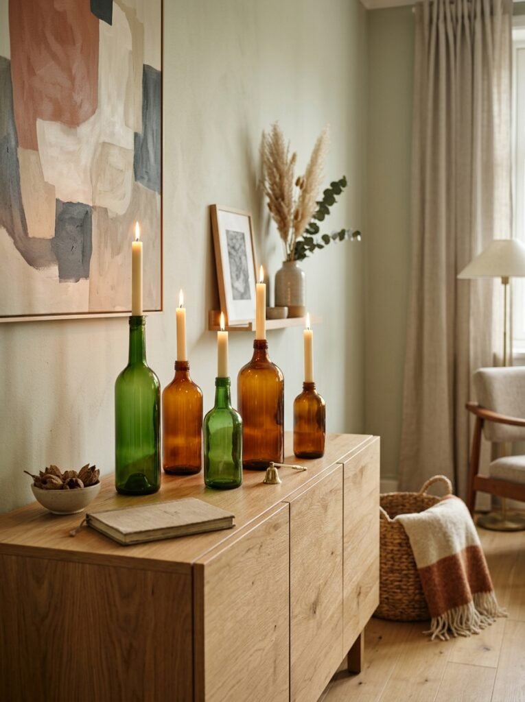 Wine bottles used as Halloween candlesticks with dripping wax