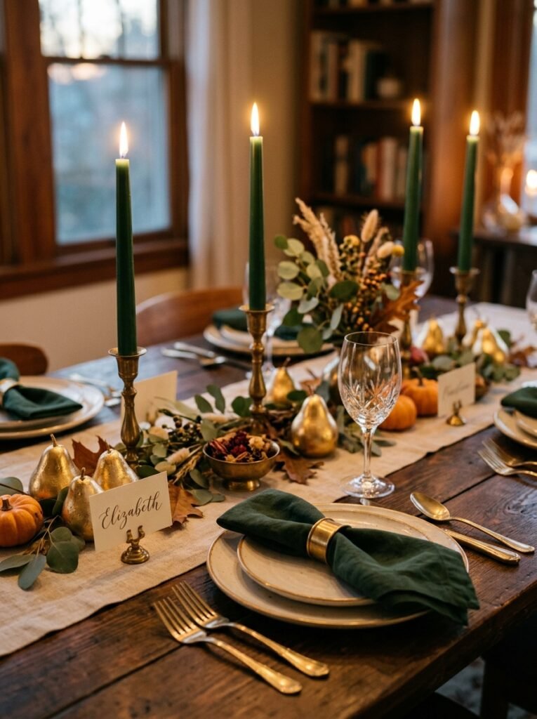 Green tapers with gilded pear place cards